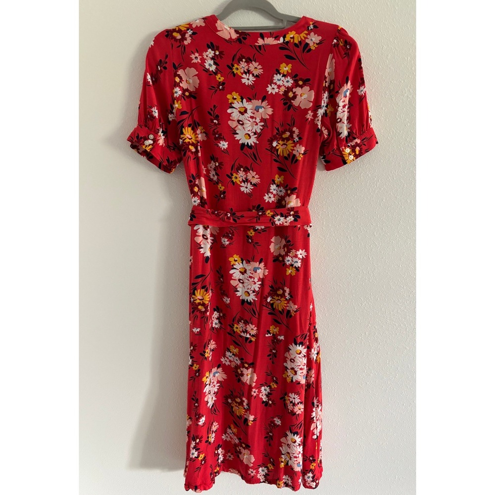 Loft Midi Dress Womens 6P Red Floral Short Sleeve Bleted Career Preppy Modest